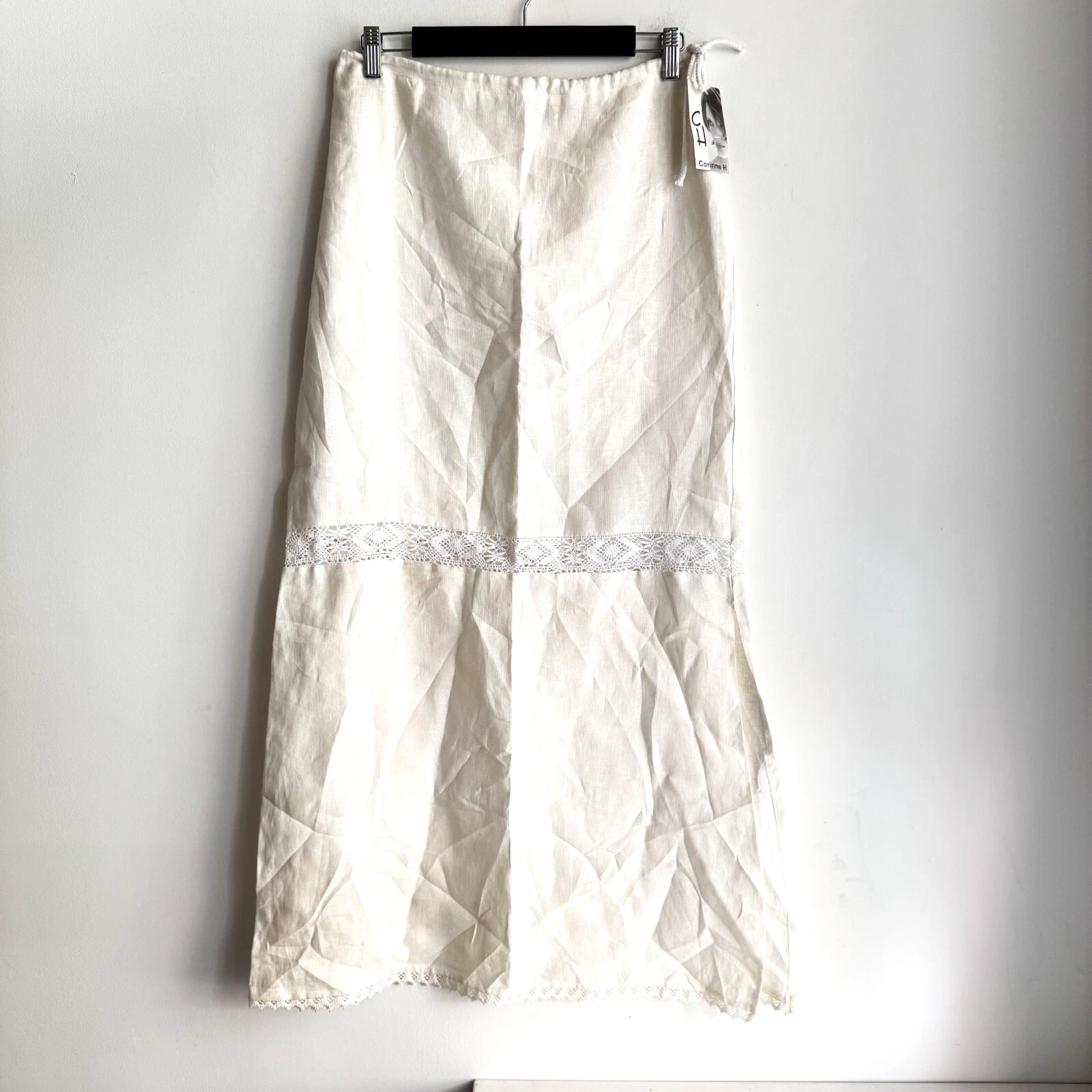 Corrine H Paris white Linen Crochet Detail Midi Maxi Skirt S/M