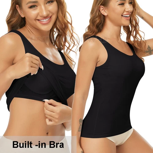 TANK TOP Womens Stretch Long Workout Fitness Sport Yoga Built in Bra Basic Top - Picture 11 of 61