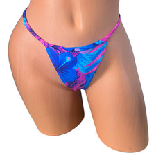 Wide Front Thong Bikini Bottom blue tropical floral swimwear Beach XS-XL