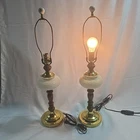 Hobnail White Milk Glass Lamps Set of 2 Wood Brass Vintage 28" Tall Working