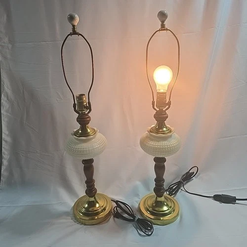 Hobnail White Milk Glass Lamps Set of 2 Wood Brass Vintage 28" Tall Working