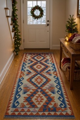 200x66 CM GRÜN HANDGEKNÜPFT AFGHANISCHER KILIM TEPPICH TÜRKISCH VINTAGE WOLLLÄUFER CARPET