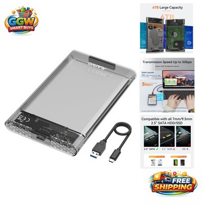 Portable External Hard Drive Enclosure - 6TB SATA Case with USB-C Fast Transfer