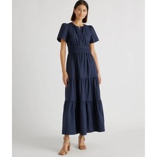 Quince Navy Blue Tiered Midi Dress Puff Sleeve Smocked Waist Casual Size S