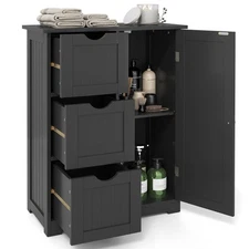 Bathroom Floor Cabinet Side Storage Cabinet with 3 Drawers and 1 Cupboard Black