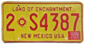 New Mexico 1970 Land of Enchantment License Plate 2 S4387 Bernalillo County