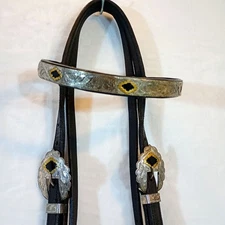 Vintage Headstall Show Bridle Black Leather Engraved Nickel Silver Brass Western