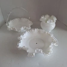 3  Fenton Silver Crest Milk Glass Ruffle Vase /2 Candydish w/Handle See Note Vnt