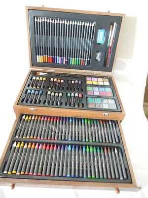 Mega Art Supplies Pastels, Water Color, Crayons in Wood Box w/ Drawer 138 Pieces