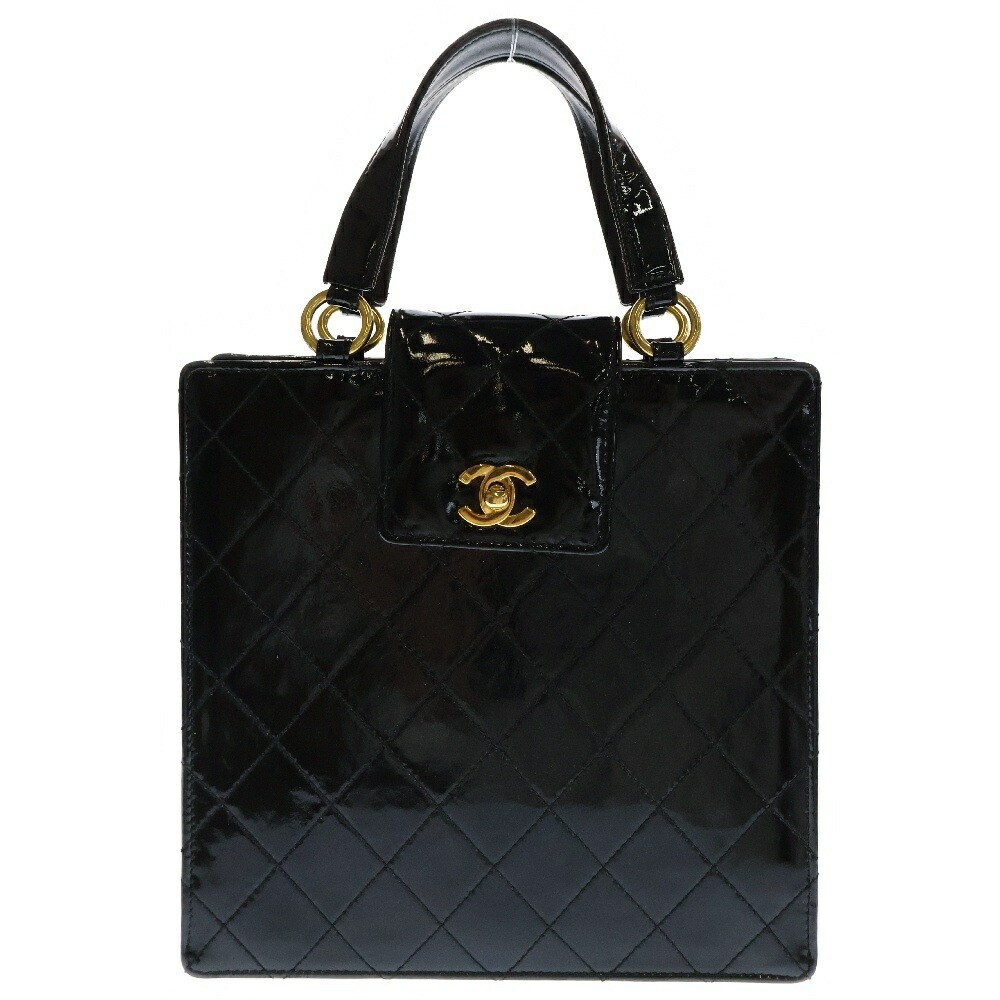 CHANEL Black Patent Gold Mini Matelasse Turn Lock Tote Bag Condition B