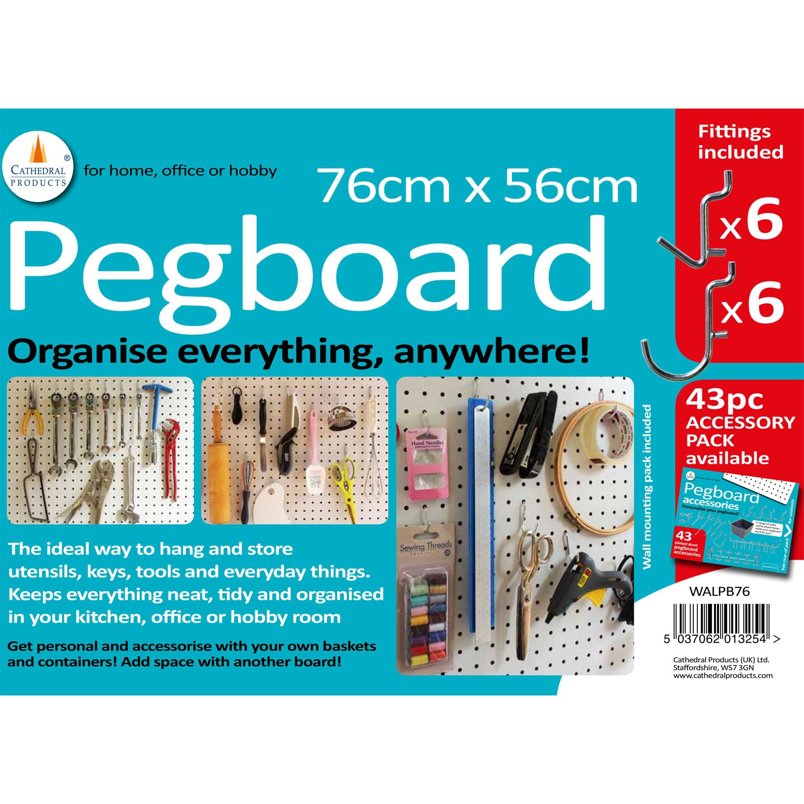 Cathedral Products Peg Board 76 x 56 white with 12 hooks - white