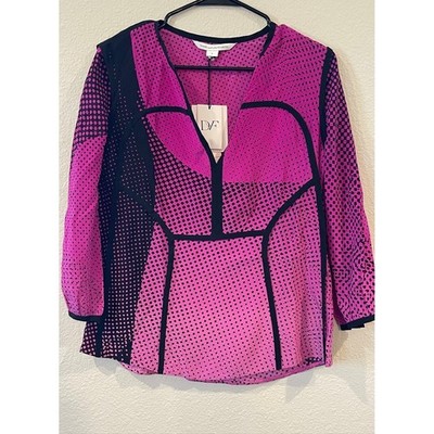 NWT Diane Vone Furstenberg Vintage Y2K Silk Speckle Wave Pink Black LS Blouse 6