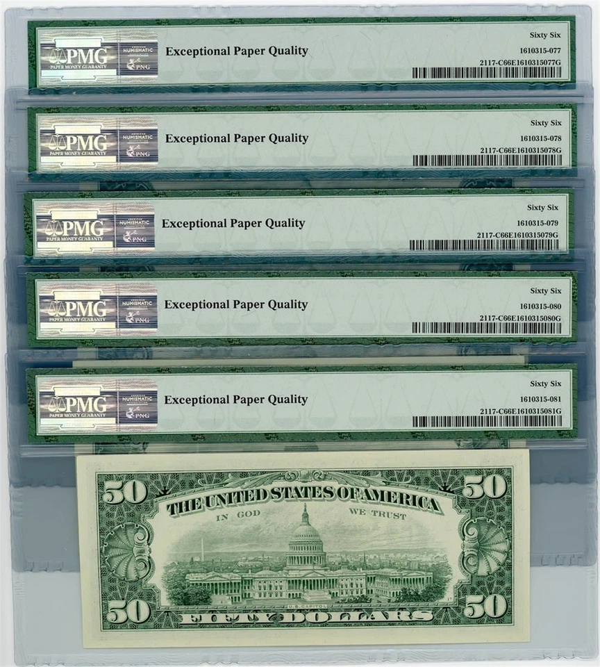 Fr. 2117-C $50 1969C Federal Reserve Note Philadelphia 5 Consecutive 66 EPQ PMG - Image 2 of 3