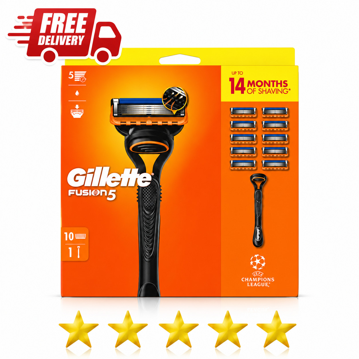 Gillette Fusion5 Men's Razor + 10 Razor Blade. Long Lasting Shave.