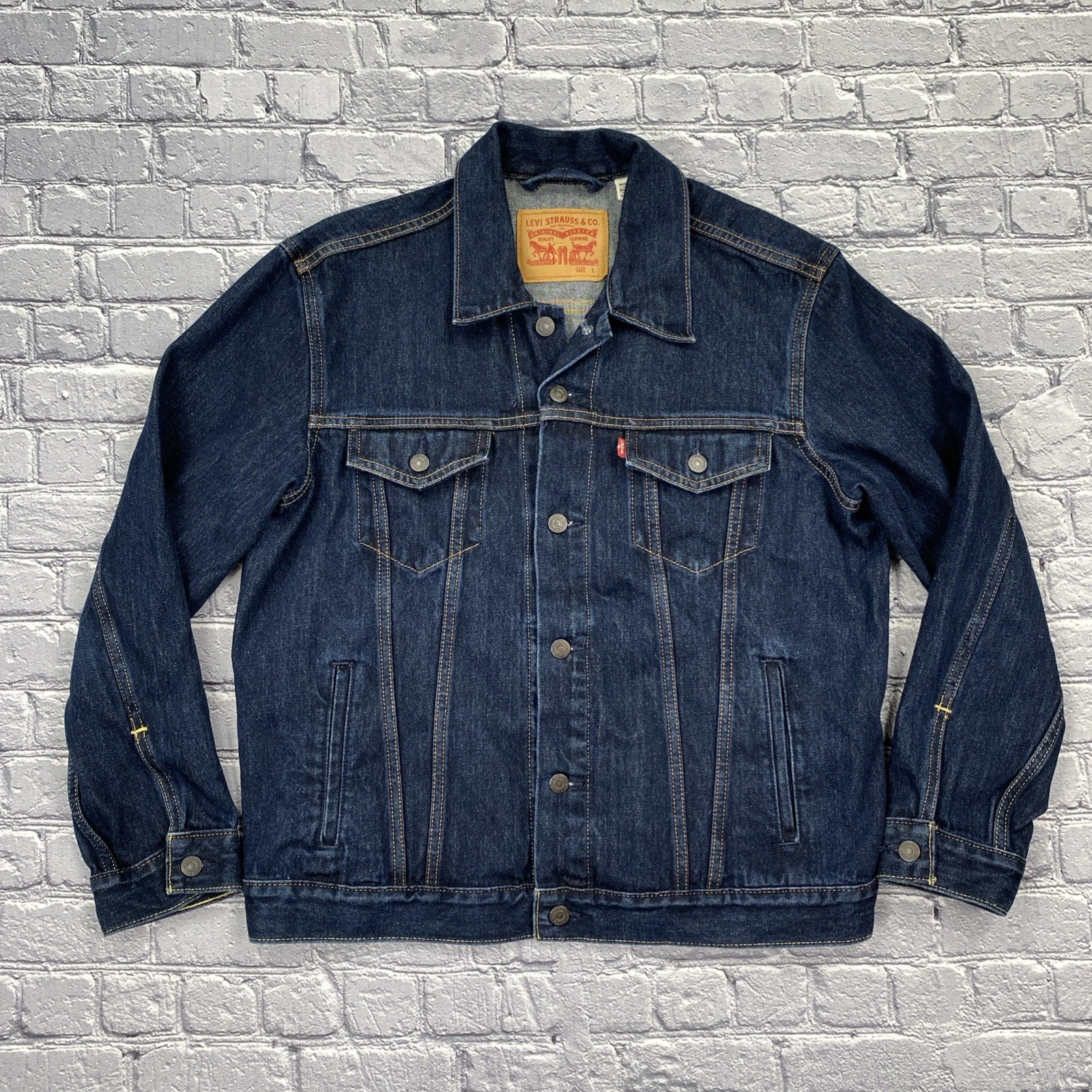 Levis Denim Trucker Jacket Mens L Blue Dark Wash Country Streetwear Cowboy Biker