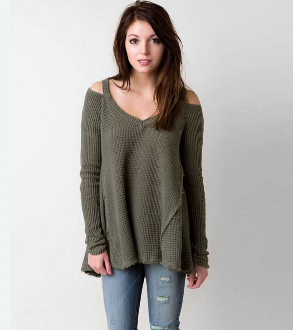 Free People Cold Shoulder Top Womens XSmall Green Waffle