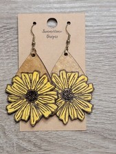 Hand Painted Laser Cut Wood Earrings Yellow Sunflower 2"