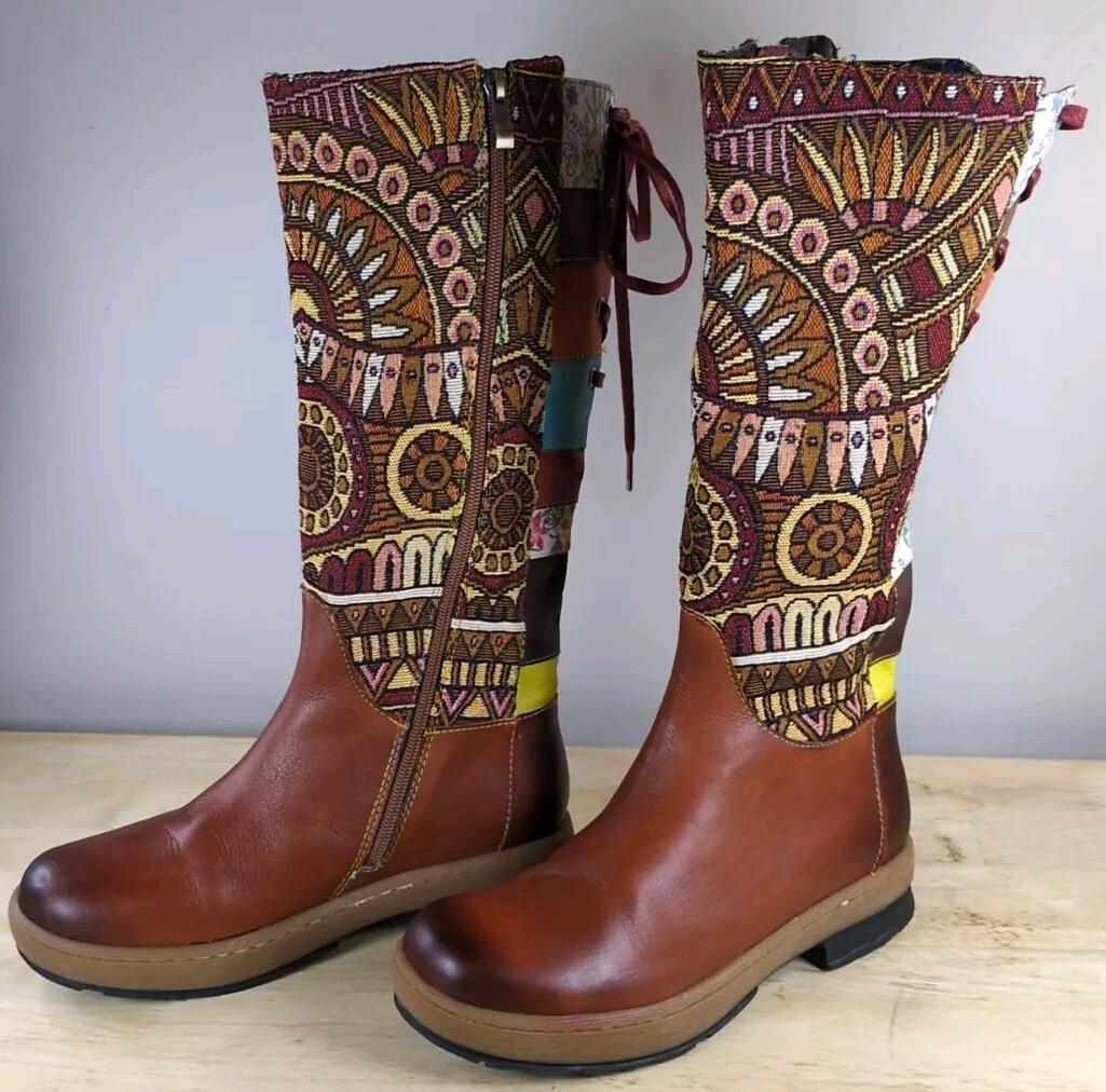 Socofy bohemian splicing pattern womens brown leather boots size EU 38 US 7.5