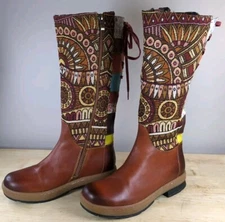 Socofy bohemian splicing pattern womens brown leather boots size EU 38 US 7.5