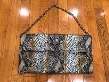 Rodo Snake Skin Python Pleated Convertible Silver Chain Clutch Bag Purse