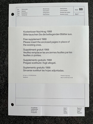 PORSCHE 924 944 TURBO S 959 911 OFFICIAL INTERIOR MATERIALS CHART BROCHURE 1988