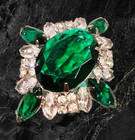 Round Rhinestones Open Backs 2" Wide Vintage Emerald Brooch Oval Marquise &