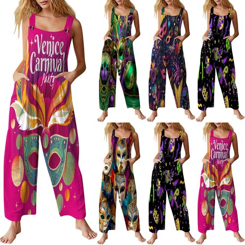 Women's Fashion Romper Carnival Print Casual Loose Vintage Overalls With Pockets
