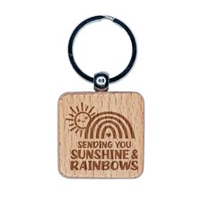 Sending You Sunshine and Rainbows Engraved Wood Square Keychain Tag Charm