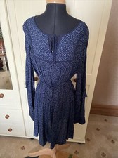 EVERBELLE Knee Length Dress Size 16 Blue Spot Ruffle Trim Long Sleeve Belted NEW