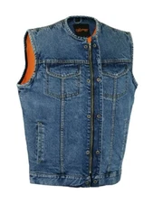MEN'S CONCEALED SNAPS BLUE DENIM MATERIAL MOTORCYCLE VEST - UMA27