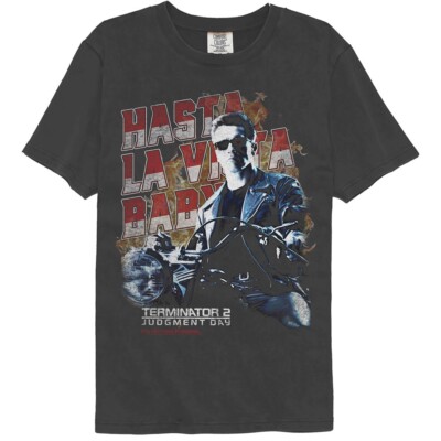Terminator 2 Action Movie Adult T-Shirt  HASTA LA VISTA MOTORCYCLE Pepper Cotton