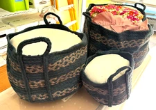 NEW Black Braided Jute Storage Basket Set x3 India 19x12" 14x10" 9x7" + Handles
