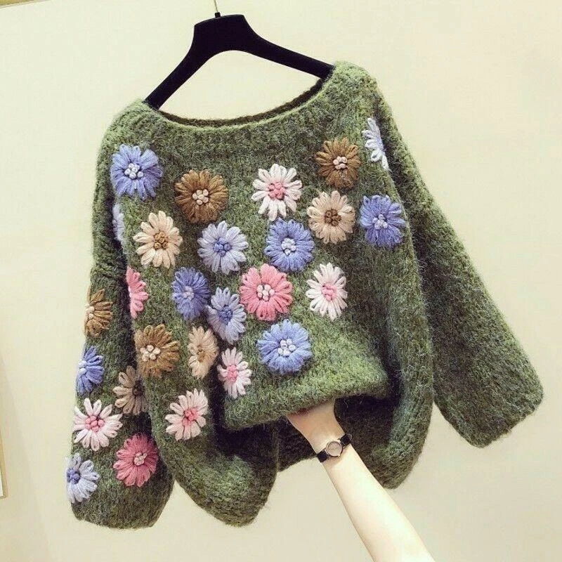 Fashion Women Handmake Flower Sweater Vintage Style Knitted Pullover Jumper Tops - Image 4 of 4