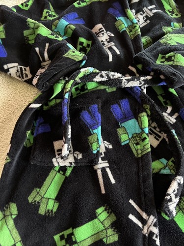 Minecraft Boys Black Green Creeper White Skeleton Fleece Hooded Robe 10 - Picture 5 of 7