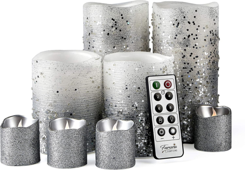 Silver Glitter LED Candles with Remote and Timer, 4 Pillars and 4 Votives Pack o - Afbeelding 1 van 9