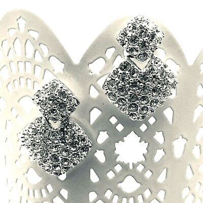 Modern Napier Pave Silver Tone Rhombus Door Knocker Style Rhinestone Earrings 