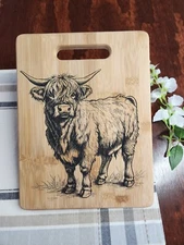 Cute Highland Cow Laser Engraved Bamboo Cutting Board Charcuterie Cheese Bread