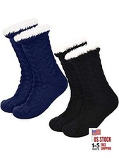 2 Pairs Women's Warm Slipper Socks Christmas Fuzzy Socks Fleece Black and Blue