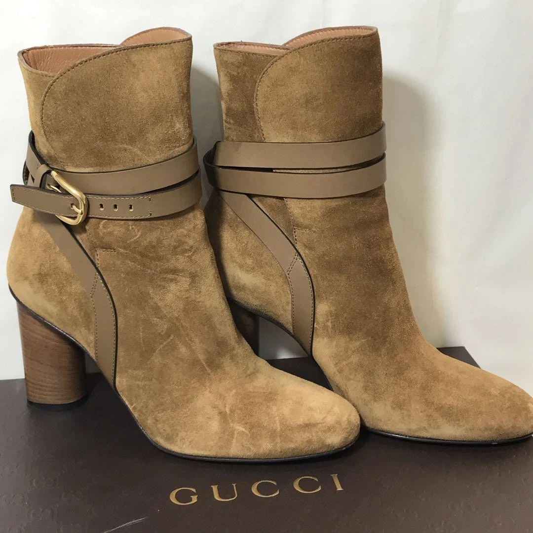 Gucci Bottes Ceinture Talon Daim Marron Clair EU36,5/US6,5 Authentique du Japon