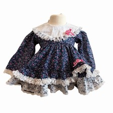 Vintage Ditsy Floral Large Lace Collar Prairie Circle Dress Blue Cottage 12-18M