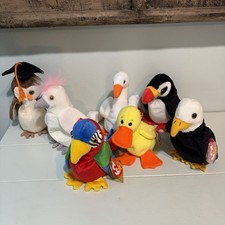 Flock Of 7 Ty Beanie Baby Birds - Eagle Duck Swan Parrot Penguin Owl Kuku