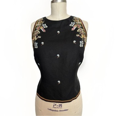 Donna Morgan Petites Black Linen Embroidered Floral Top Size 10 Bustier Style