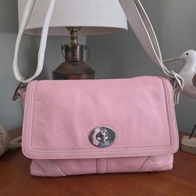 Coach F13085 Hamptons Turnlock Flap Pink White Leather Shoulder