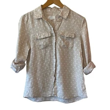Charter Club Minimalist Polka Dot Linen Tan Button Up Roll Tab Sleeve Blouse P/P