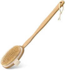 Dry Brushing Body Brush with Long Handle, Natural Bristle Back Brush Wooden ba
