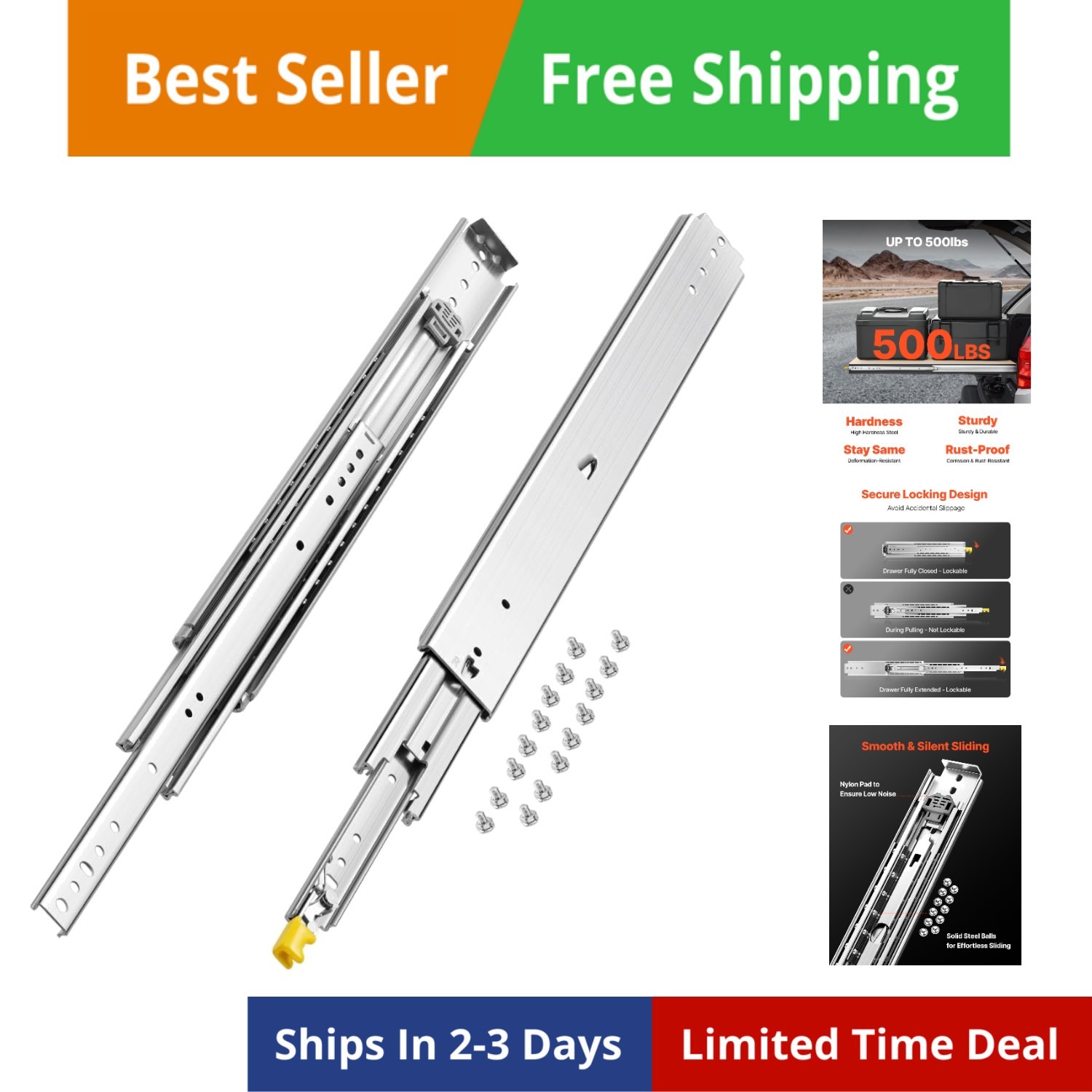 Heavy Duty Drawer Slides, 1 Pair 24inch Locking Drawer Slides, 500lbs Load Ca...