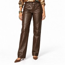 90s Vintage Brown Genuine Leather Pants Womens 8T Tall High Rise Straight Leg