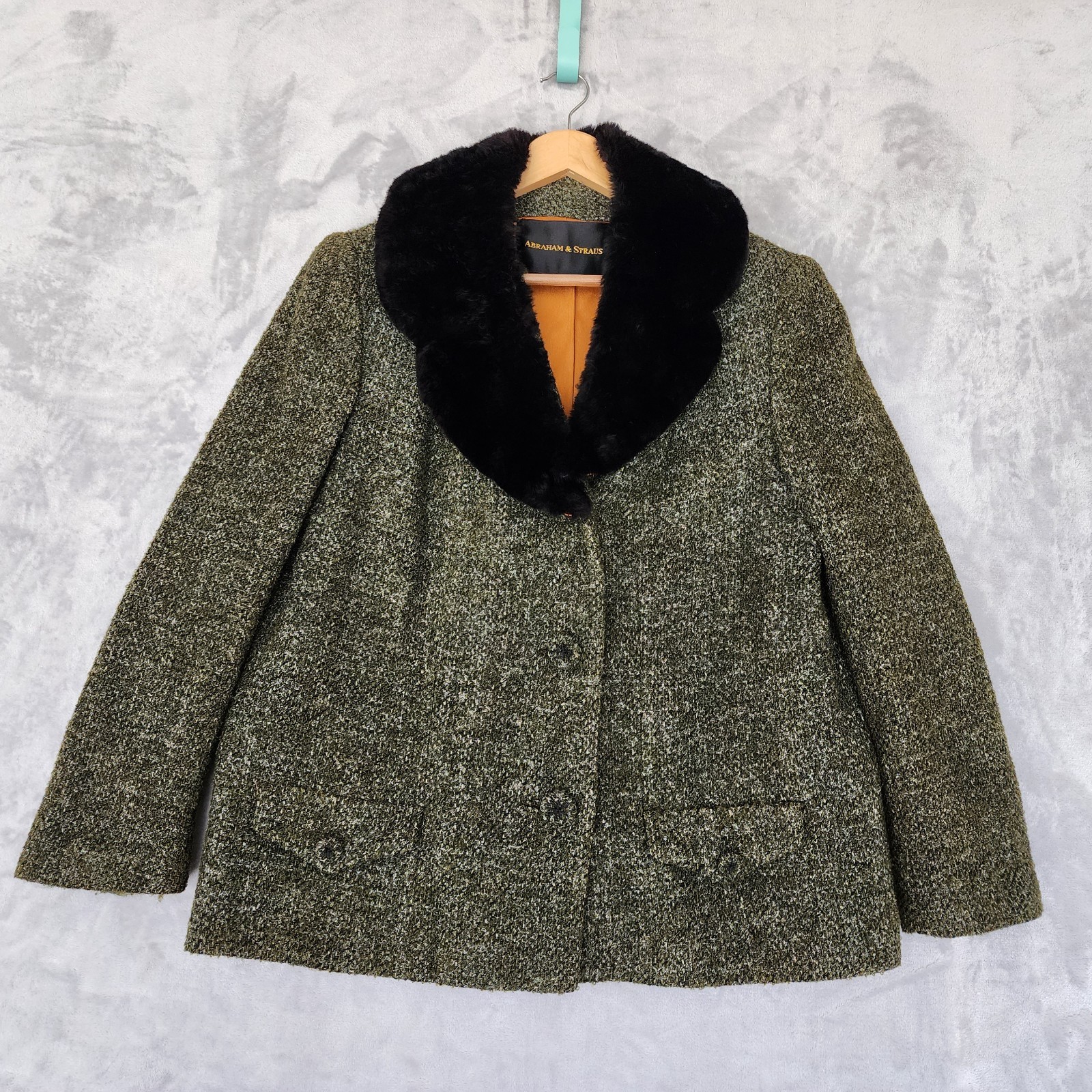 Vintage Wool Fur Coat Womens Medium Abraham Straus Olive Green Black Collar 