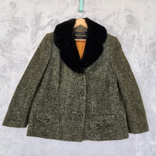 Vintage Wool Fur Coat Womens Medium Abraham Straus Olive Green Black Collar 
