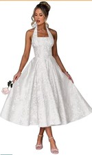 Satin Floral Jacquard Prom Dress for Women Halter A Line Formal Gown Pockets 8